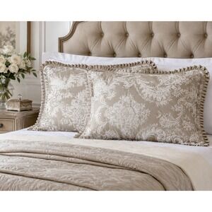J‎ Queen New York King Sham Pair Taupe Ivory Damask Ruffle Padded Pillow Covers